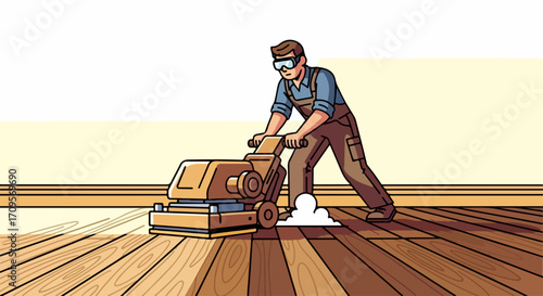 Man sanding wooden floor with electric sander, hardwood floor renovation, home improvement project.