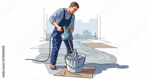 Man in overalls using power tool on construction site with cityscape background, vector.