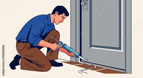 Applying caulk to door frame for weatherproofing and energy efficiency, preventing drafts. Caulk being applied to door frame provides a practical way to seal gaps,