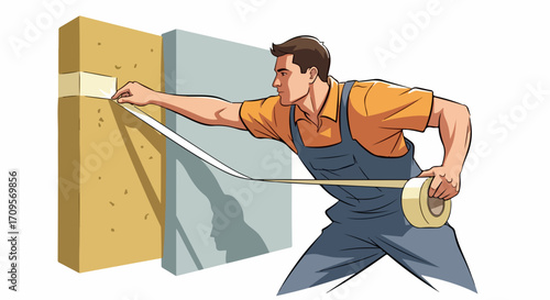 Construction worker applying tape to wall surface with measuring tape in hand for precise measurement.