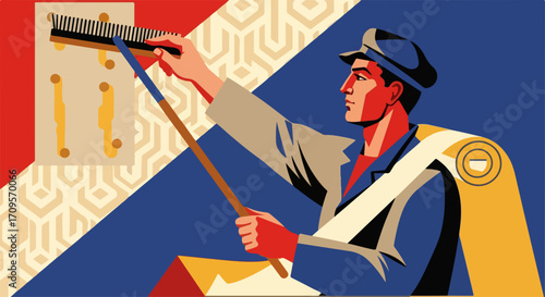 Vector illustration of painter applying paint with roller on wall with vibrant colors and patterns.