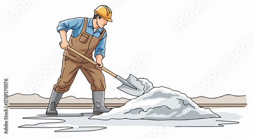 Man in workwear shoveling snow with a shovel, winter maintenance vector.