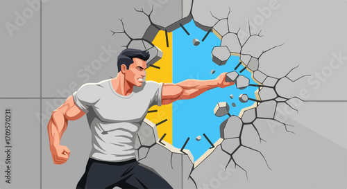 Superhero breaking through wall with powerful punch, symbolizing strength and overcoming obstacles. Superhero strength concept for motivational posters and action themes.