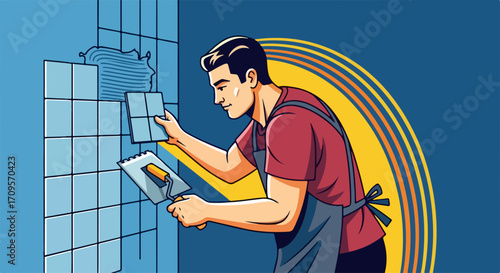 Skilled tiler applying ceramic tiles to wall with trowel, vector illustration for home renovation and construction projects. Tiler meticulously places tiles,