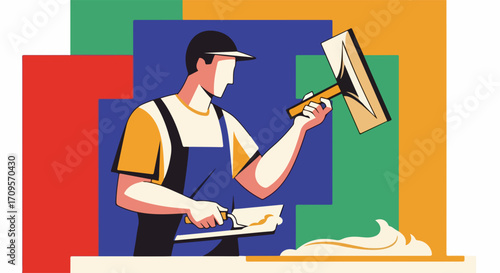 Construction worker applying plaster with trowel and spatula, modern flat vector illustration for renovation and building industry.