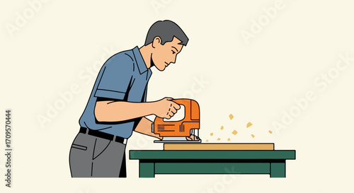Woodworking project with craftsman using jigsaw on wood, creating precise cuts, and demonstrating handcraft skills. Woodworking is precise art that requires both knowledge and creative thinking.