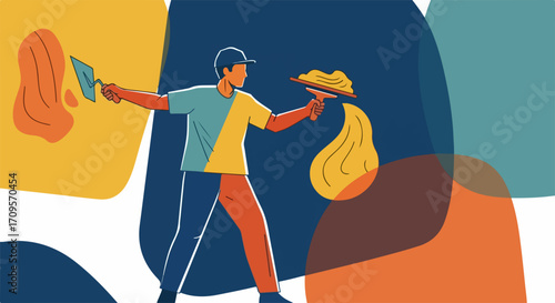 Construction worker applying plaster with trowel tool, vector illustration of renovation and building process. Skilled craftsman performing interior wall finishing,