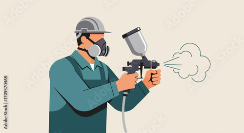 Industrial painter in protective gear using spray gun for painting, vector illustration. Professional worker with respirator and helmet applying paint with airbrush tool.
