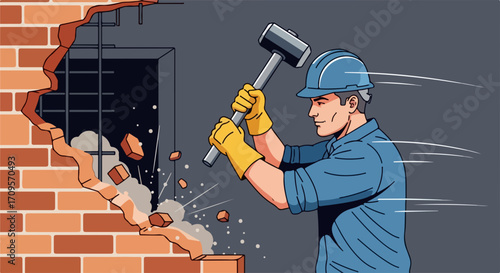 Construction worker demolishing brick wall with sledgehammer, vector illustration for renovation and building projects.