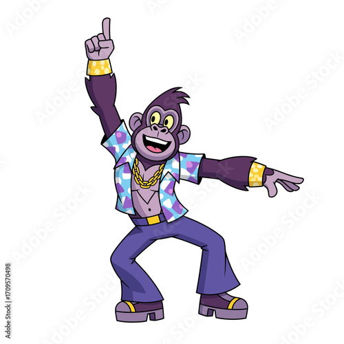 Joyful animated gorilla in vintage 70s disco fashion, celebrating with a funky dance move