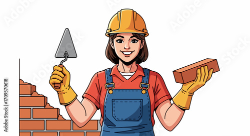Skilled female construction worker holding brick and trowel, building wall with masonry tools, professional builder in hard hat, construction industry vector illustration.