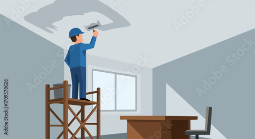 Ceiling repair in room using trowel on plaster, worker on scaffolding makes ceiling repair. Room repair in an apartment for home improvement, skilled handyman performs room repair with plaster.