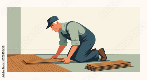 Skilled craftsman installing wooden floor planks with precision, vector illustration. Home renovation project by experienced worker laying down laminate flooring,