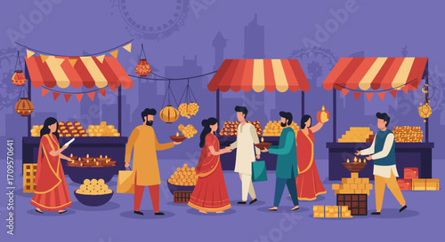 A lively flat design illustration capturing the vibrant atmosphere of a Diwali market, with people joyfully shopping for festive essentials. 