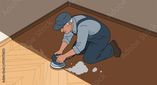 Floor renovation with grinding machine, floor renovation at home by craftsman. Floor renovation process in old house includes sanding wood, applying coating, and polishing to restore parquet.