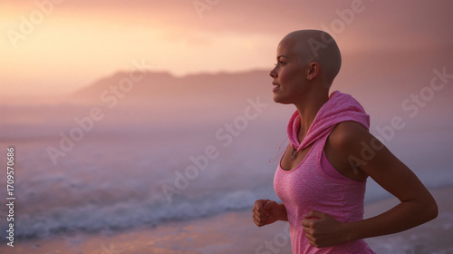 Bald cancer survivor running on beach at sunrise in pink sportswear for Breast Cancer Awareness