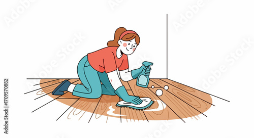 Woman cleaning wooden floor with spray bottle and cloth, vector illustration of domestic chores and home maintenance, concept of cleanliness and tidiness for household tasks.