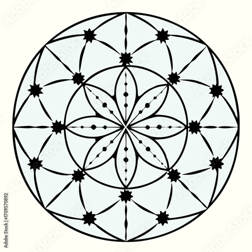 Vector Geometric pattern featuring circular design with intricate floral shapes and symmetrical lines