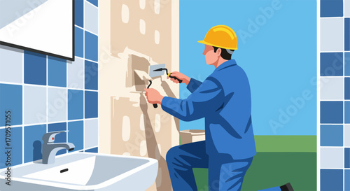 Construction worker repairing wall with plaster and spatula tool in bathroom renovation project. Worker applying spackle to drywall surface during home improvement.