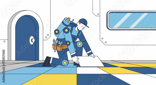 Vector illustration of a repairman laying tiles on a colorful floor, equipped with tools and a backpack, in a modern interior setting.