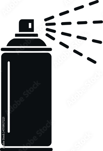 Black spray can emitting a stream of particles against a white background.