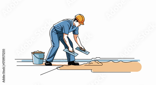 Vector illustration of worker applying floor screed with trowel and bucket, construction site preparation. Floor screed application for building foundation, worker in uniform.