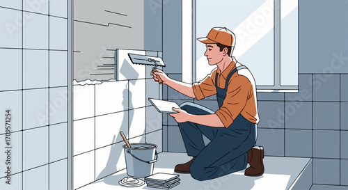 Vector illustration of a man applying tiles in a bathroom with a trowel and bucket. Home renovation with skilled laborer laying ceramic tiles.