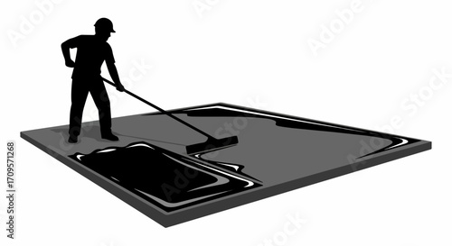 Vector illustration of worker sealing roof with silvery liquid, roofing material application process. Roofing work concept for construction sites and building maintenance.