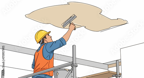 Construction worker plastering ceiling on scaffolding in interior space. Construction worker skillfully applying plaster to ceiling with finishing trowel from elevated platform.