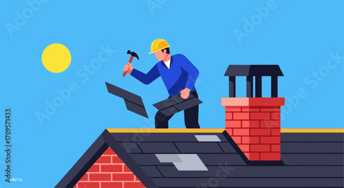 Roofer installing shingles on house roof with chimney and tools. Roofing contractor working on residential building. Concept roofing services.