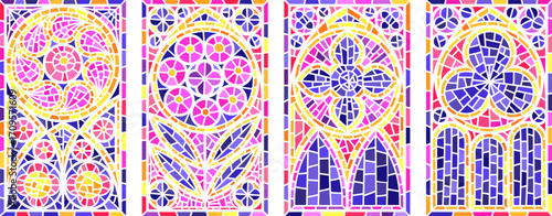 Church windows with gothic arch. Colored stained glass. Cathedral frames with floral pattern. Medieval antique architecture. Mosaic decoration and fantasy ornament
