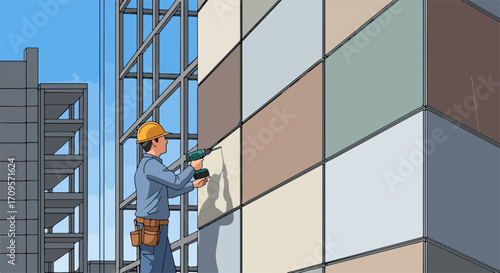 Construction worker applying facade material to building. Construction worker builds facade on new building site, using hand tools and safety equipment.