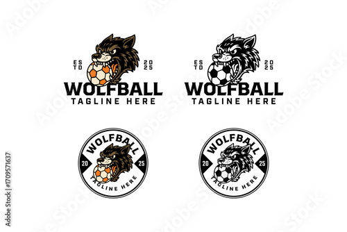 Wolf biting soccer ball retro badge logo vector design set for sport mascot. Wild canine holding football vintage emblem logo graphic pack. Beast predator gripping ball illustration patch design