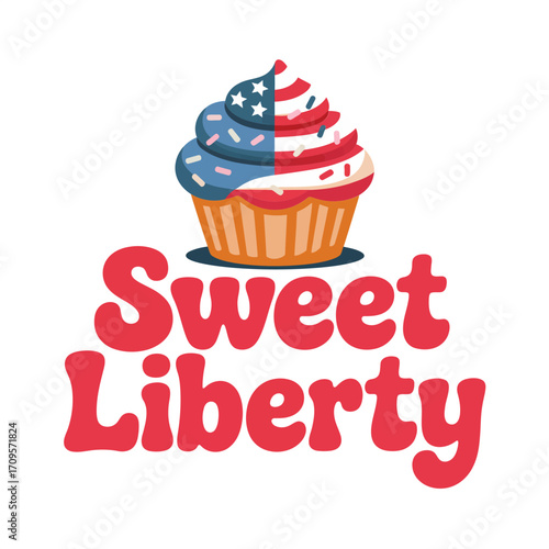 Sweet liberty cupcake, patriotic dessert illustration, frosting with flag pattern, celebration bakery art, cute sticker graphic, vector