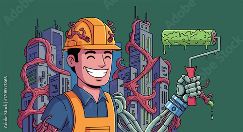 Smiling construction worker in orange hard hat holding paint roller with green paint, cityscape background, vector illustration. Construction worker with robotic arm painting city buildings,
