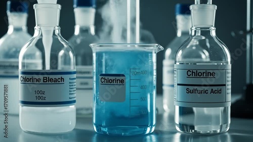 Close-up of Labeled Chemical Bottles and Beaker with Liquids in a Laboratory Setting