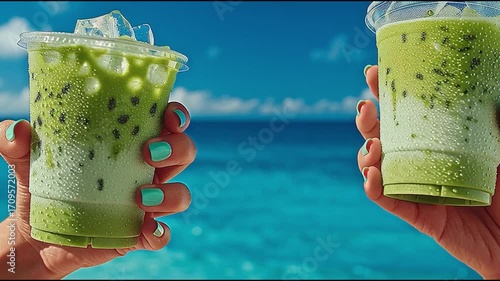 Refreshing green drinks on beach