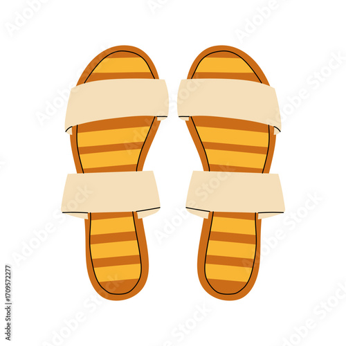 Women's colorful summer sandals and shoes in hand drawn styleVector illustration of various open summer sandals with straps, low and high platform isolated. Summer cute slippers and sandals