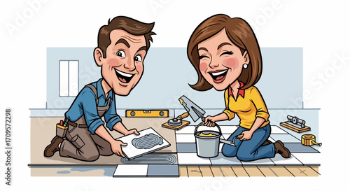 Happy couple renovating kitchen with vector style, home renovation concept, joyful homeowners.