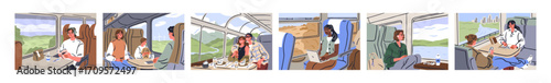 People travel by train. Tourists sitting by window during railway journey. Couple, friends and family passengers in holiday adventure with book, food, headphones, laptop. Flat vector illustrations set