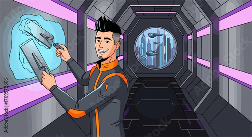 Man in orange and gray spacesuit holding futuristic device in metallic corridor with purple lights, futuristic scene. Concept for sci-fi stories, space exploration, and technology development.