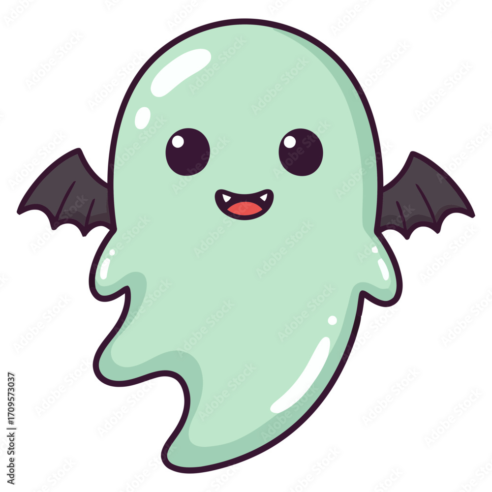 Obraz premium Cute Cartoon Ghost with Bat Wings and a Cheerful Smile.
