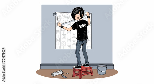 Wallpaper installation showing male character on step stool installing wallpaper in room. Wallpaper installation needs precision, and room preparation involves bucket with wallpaper glue.