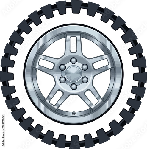 Close-up of a polished silver alloy car wheel with a rugged tire tread design.