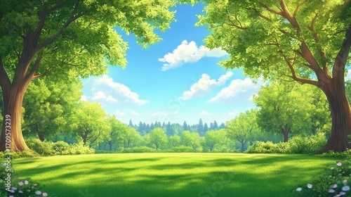 Summer nature landscape with forest illustration. Trees and grass fill the meadow outdoors. Sunlight and blue sky create a serene environment, cartoon graphic style, background for relaxation or
