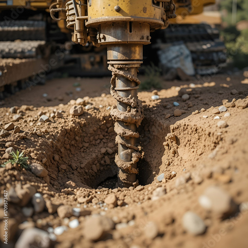 A drilling rig close-up at a construction site, specialized for deep-hole drilling, with industrial machinery.
