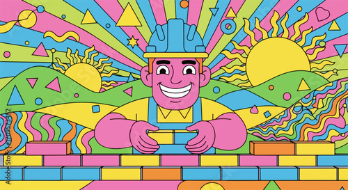 Psychedelic construction worker lays bricks in a brightly colored background. Psychedelic construction captures artistic expression, vibrant designs, and bold statements,