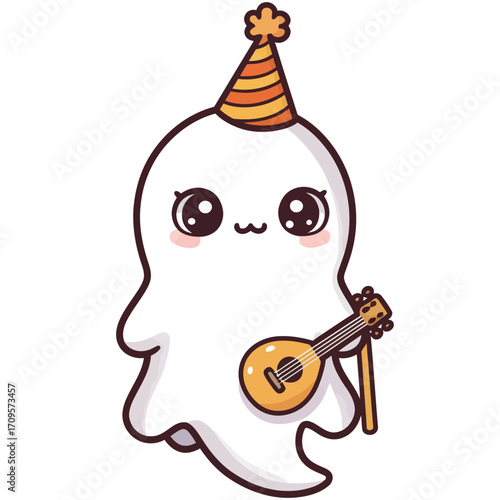Kawaii Ghost with Party Hat and Ukulele Illustration.
