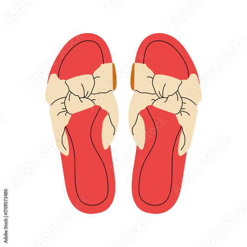 Women's colorful summer sandals and shoes in hand drawn styleVector illustration of various open summer sandals with straps, low and high platform isolated. Summer cute slippers and sandals