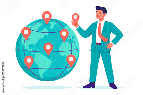 Confident businessman plans global strategy marking locations on world map for expansion